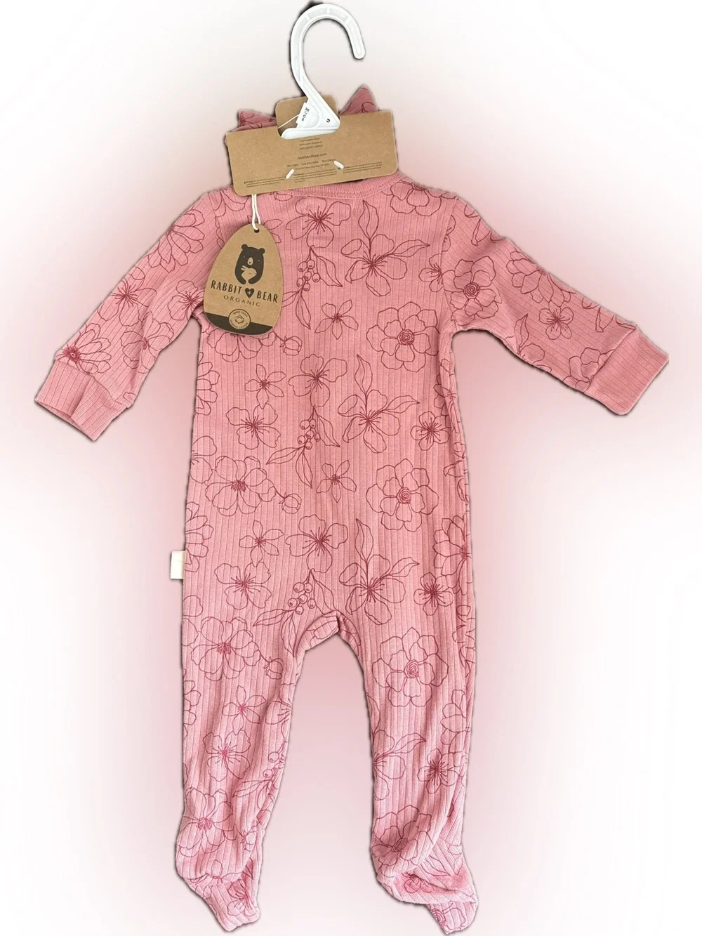Organic Cotton 2 Piece Set Rabbit+Bear Pink Floral Footsie Pajamas & Bow